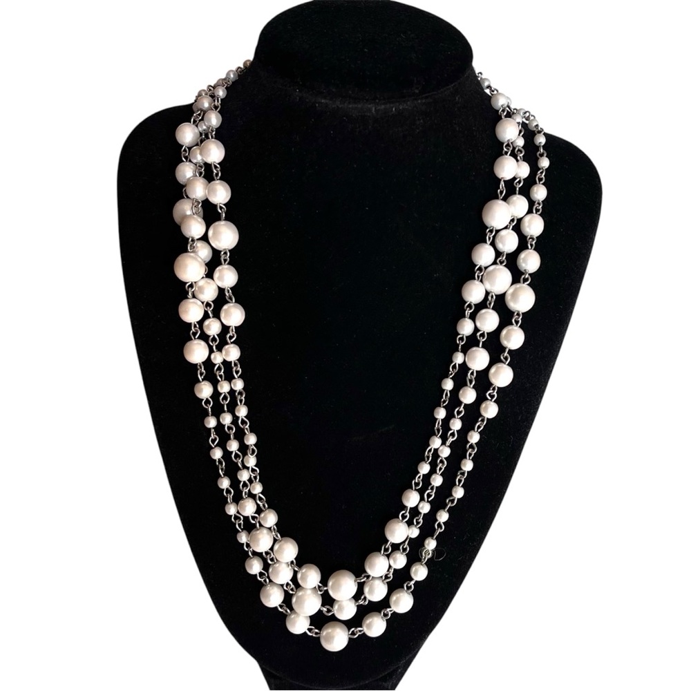 Premier Designs Opera Length Necklace Faux White Pearls Silvertone Chain Links